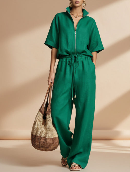 Womens Casual Loose Solid-Color Zip-Up Crew-Neck Wide-Leg Pants Set