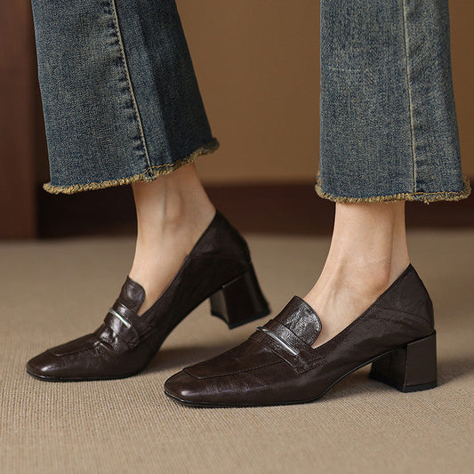 Womens Solid-color Square-toe Chunky-heel Sheepskin High Heels