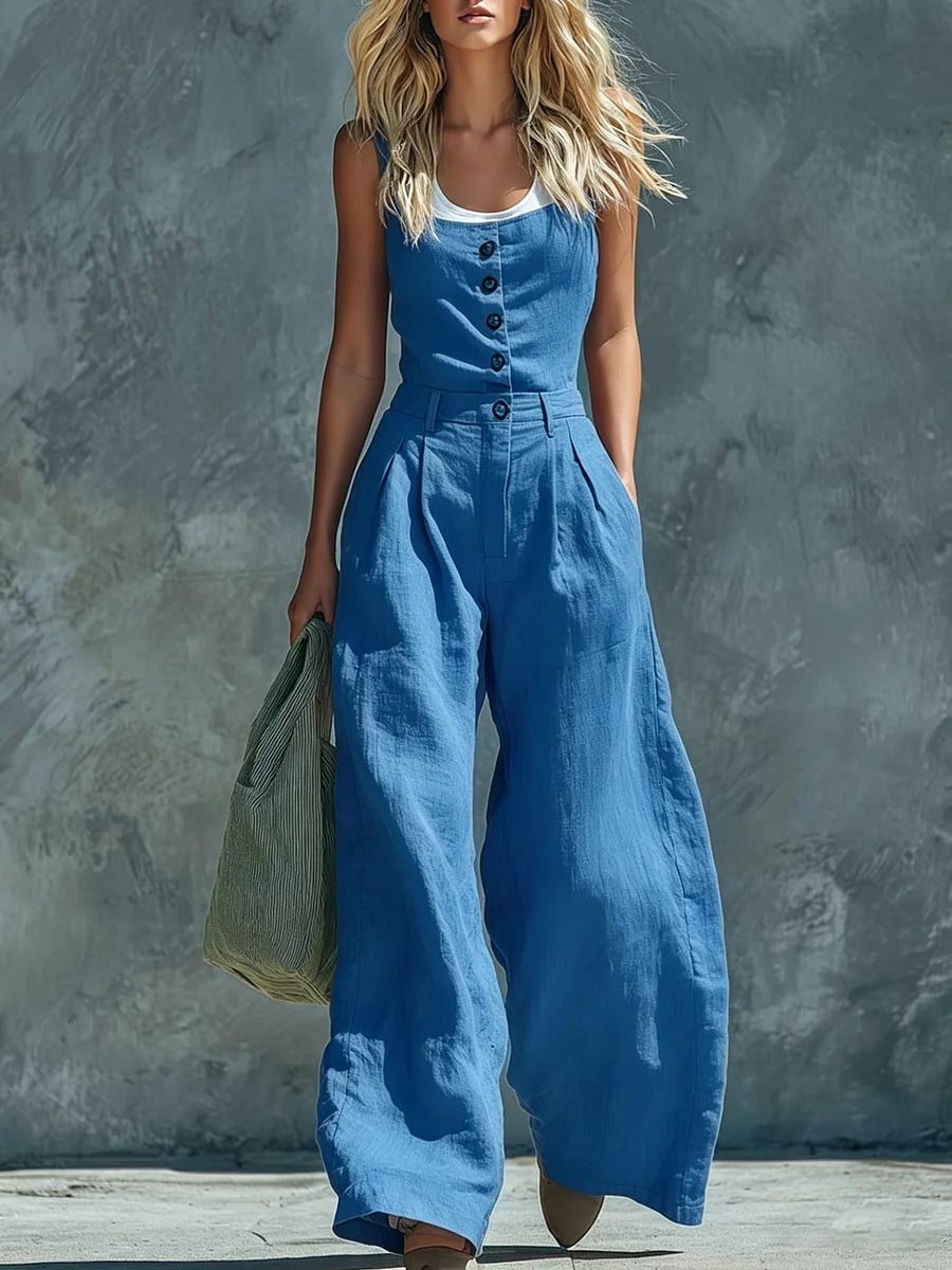 2026 European And American Cross-border Foreign Trade New Style Retro Button Front Opening High Waist Wide Leg Jumpsuit