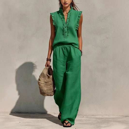 Sleeveless Ruffled V-neck Top And Elastic-waist Wide-leg Pants