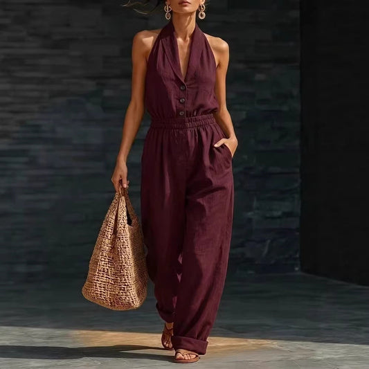Fashionable Solid-Color Slimming V-Neck Jumpsuit