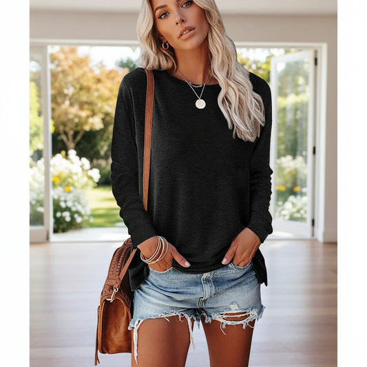 Womens Solid-Color Long-Sleeve Crew-Neck Pullover T-Shirt