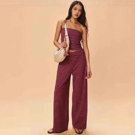 Printed Striped Tube Top And Pants Set