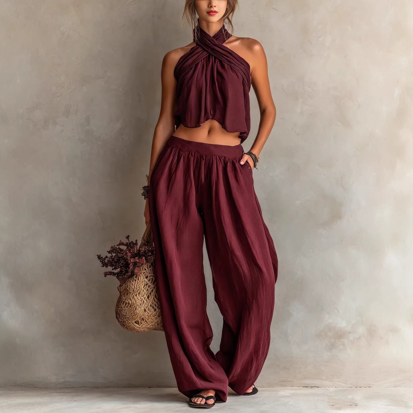 Womens Loose-Fit Sleeveless Top And Wide-Leg Pants Two-Piece Set