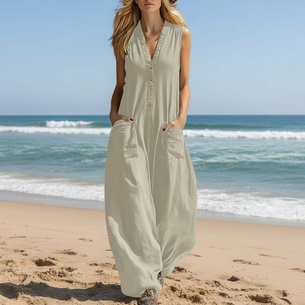 Womens Casual Linen-Cotton Sleeveless Jumpsuit With Two Pocket Straps