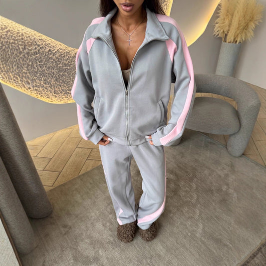 Womens Long-Sleeve Zip-Up Jacket And Sweatpants Two-Piece Set