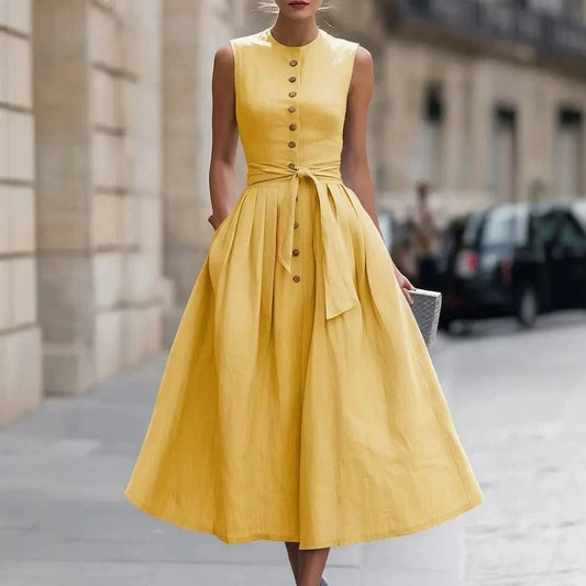 Fitted-waist, Sleeveless Cotton-linen Solid-color Maxi Dress