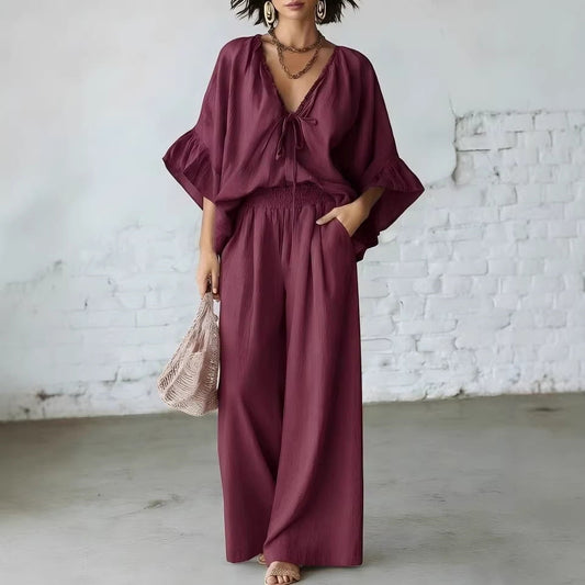 Loose-fit Cotton-linen V-neck Wide-leg Pants Two-piece Set
