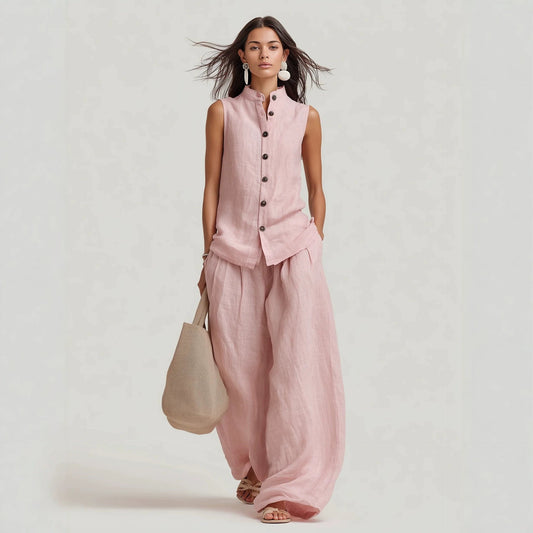 Stand-up Collar Sleeveless Shirt And High-waisted Wide-leg Pants Set
