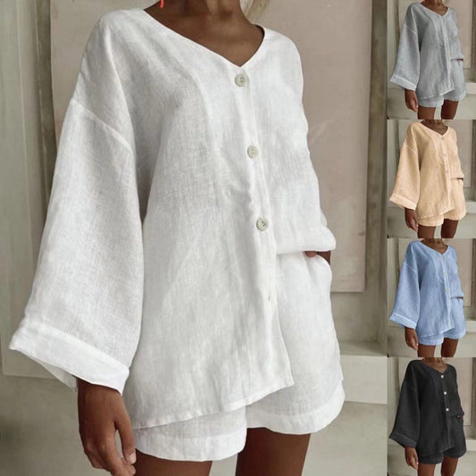 Fashionable Cotton-Linen Shirt And Shorts Casual Set