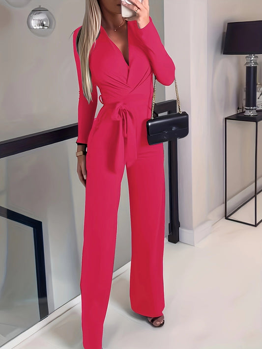 Women's Solid V-neck Bow Tie Waist Slimming Fashion Jumpsuit CJ US