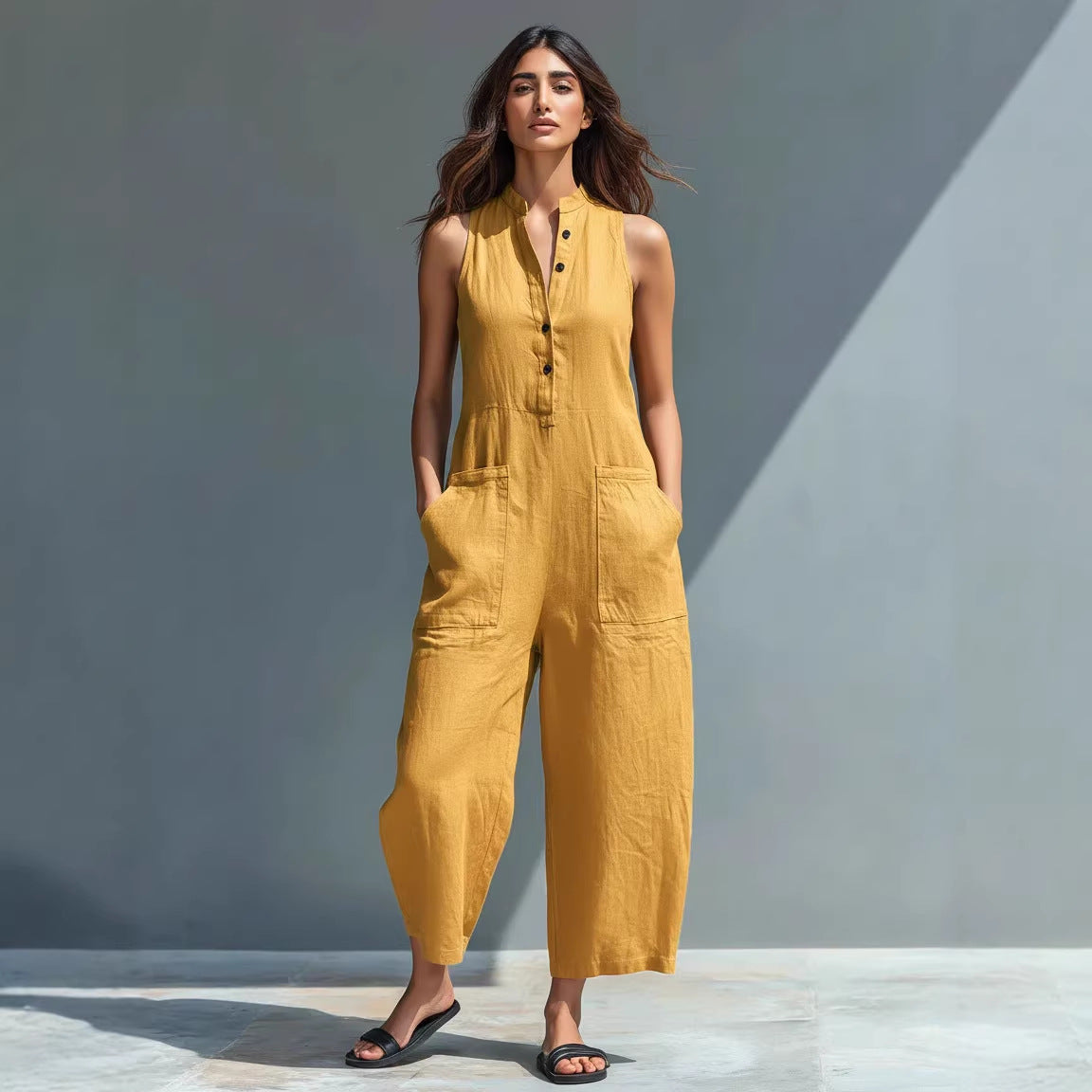Casual Womens Buttoned Stand Collar Sleeveless Loose Jumpsuit