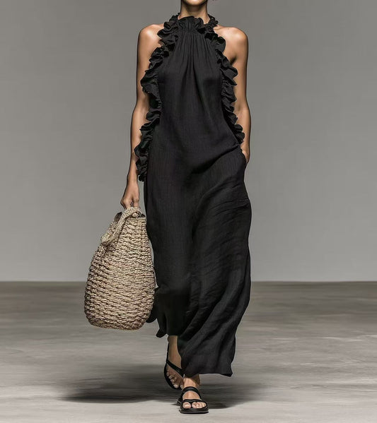 Summer Halter Neck Ruffled Sleeveless Dress, Loose Fit Flowy Dress With Pockets