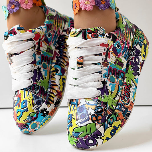 Women's Casual Round Toe Thick Sole Lace-Up Sneakers, Random Print Design, Comfortable Sporty Shoes For Daily Wear CJ US