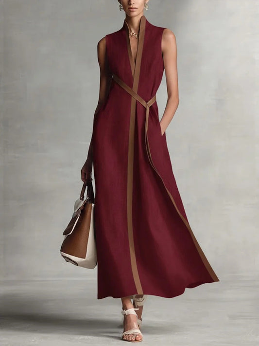 Color Block Sleeveless Stand Collar Linen Blend Dress