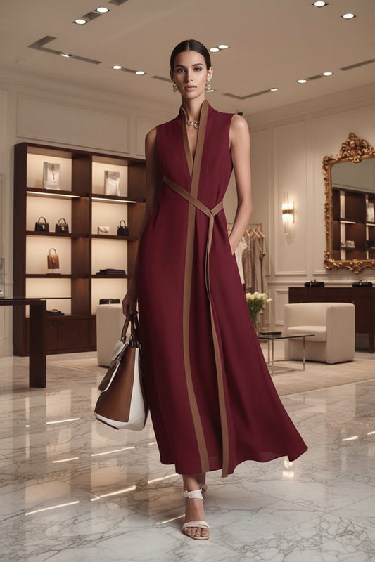 Color Block Sleeveless Stand Collar Linen Blend Dress