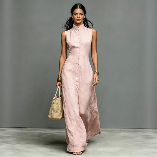 Blended Fabric Stand-up Collar Single-breasted Sleeveless Maxi Dress