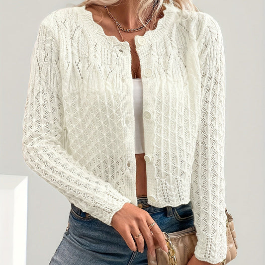 Women's Solid Color Elegant Round Neck Cardigan Top - Button Front Openwork Knit Top For Spring&Summer CJ US