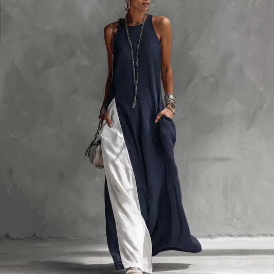 Sleeveless Loose Contrast Color Casual Off Shoulder Dress With Pockets