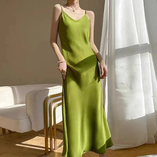 New Style French-Style Summer Acetate Satin Loose Strap Long Dress