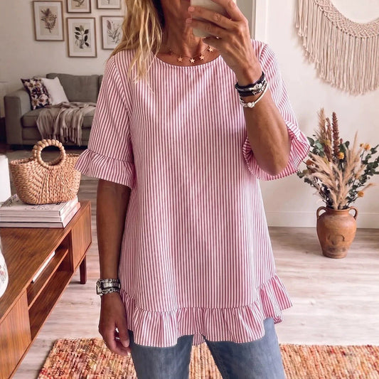 Womens Striped Loose-fit Casual Ruffled-edge Blouse