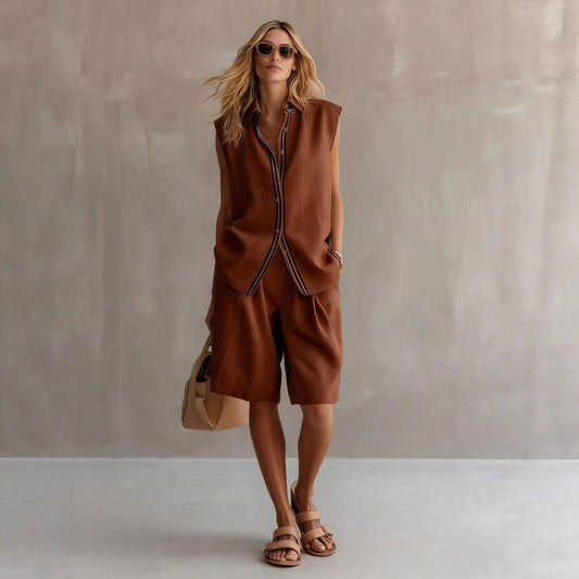 Single-breasted Sleeveless Linen Shirt And Shorts Set