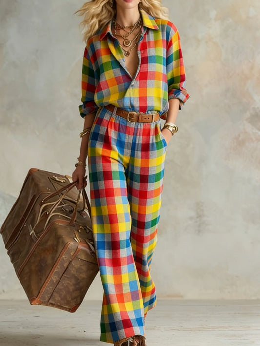 Vertical Striped Collared Loose Long-sleeved Shirt And Wide-leg Pants Suit