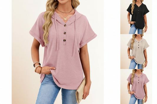 Womens Waffle-Weave Hooded Drawstring Short-Sleeve Top With Buttons
