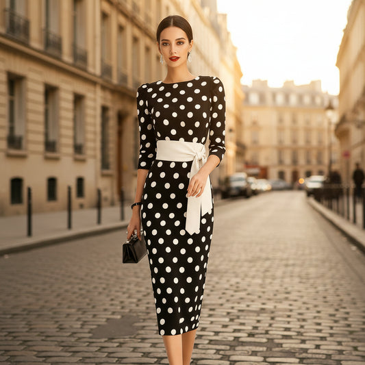 Retro Polka-dot Navy Blue Belted Waist-hugging Elegant Dress