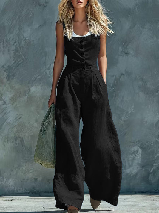 2026 European And American Cross-border Foreign Trade New Style Retro Button Front Opening High Waist Wide Leg Jumpsuit