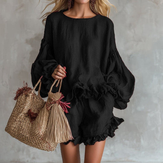 Loose-fitting Lantern-Sleeve Top And Shorts Two-Piece Set For Women