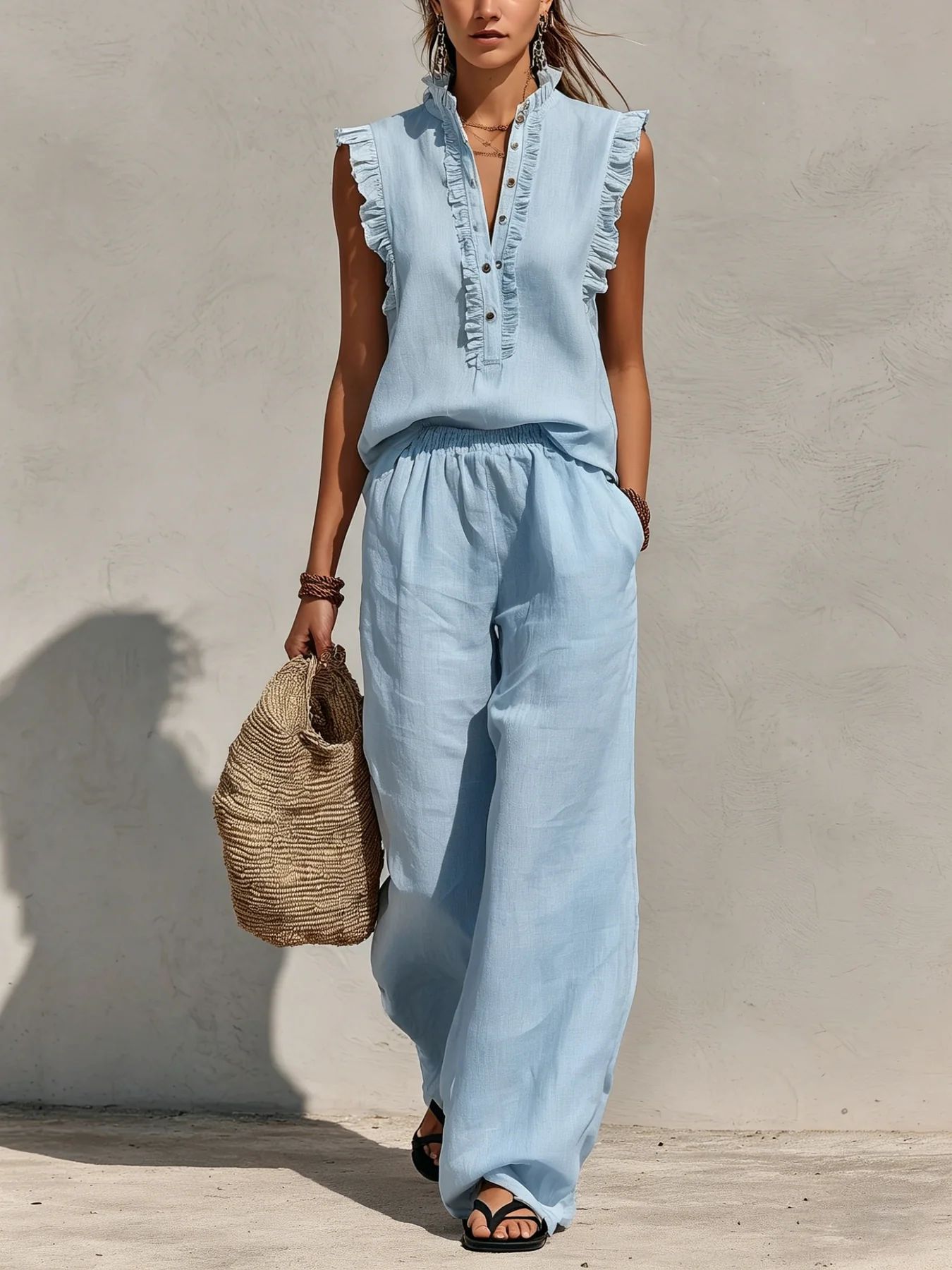 Sleeveless Ruffled V-neck Top And Elastic-waist Wide-leg PantsĀ