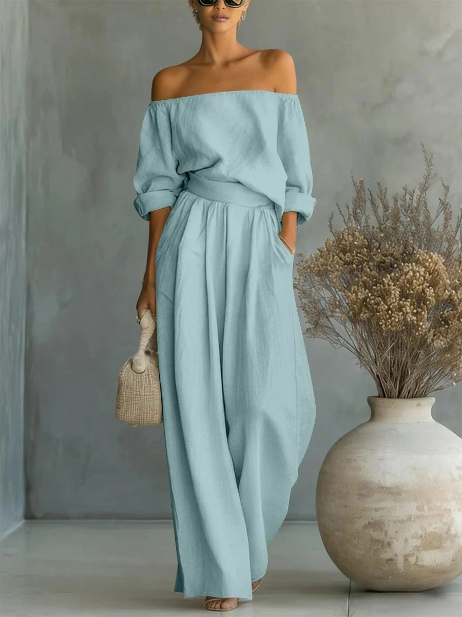 Casual Two-Piece Womens Outfit Off-Shoulder Top And Wide-Leg Pants Set