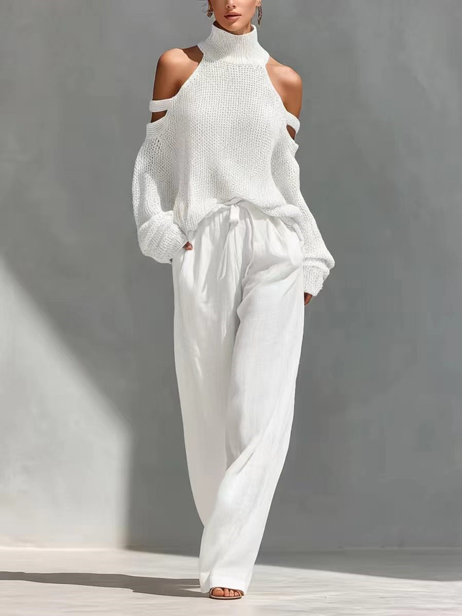 Womens Long-Sleeve Turtleneck Top And Pants Two-Piece Set