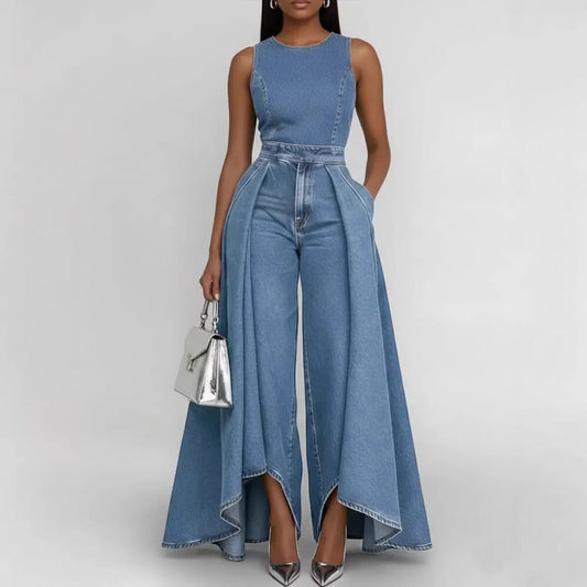 Crew-neck Sleeveless Casual Loose-fit Wide-leg Denim Jumpsuit