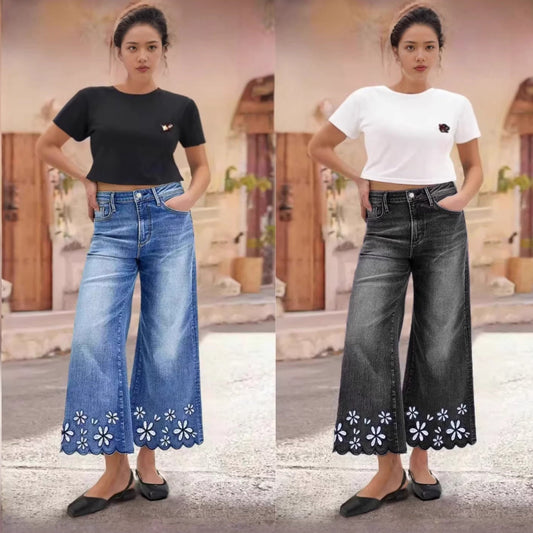 Chrysanthemum Embroidered Casual Stretch Womens Cropped Denim Jeans