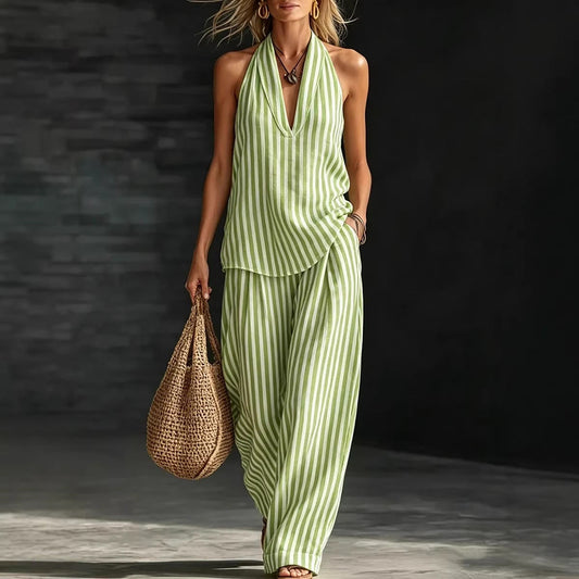 Striped Wide-leg Pants Womens Fashionable Two-piece Set
