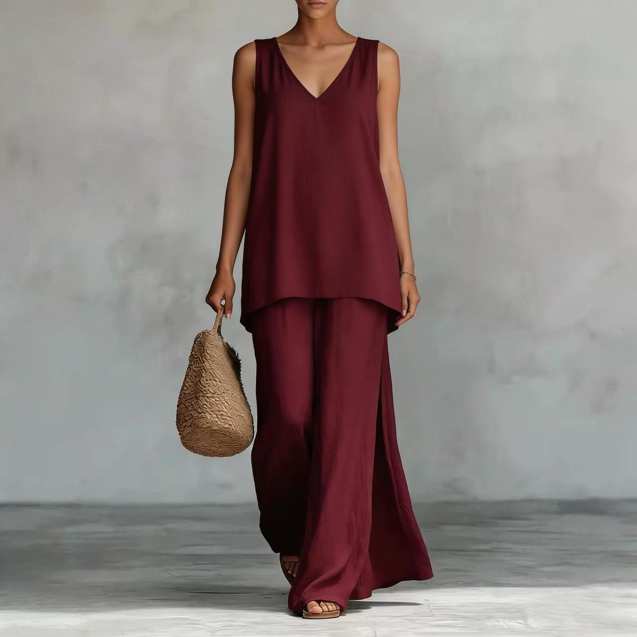 New Casual Bohemian-style Wide-leg Pants And V-neck Vest Set
