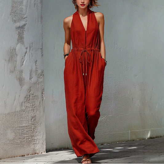 Womens Sleeveless Solid-Color Long Holiday Jumpsuit