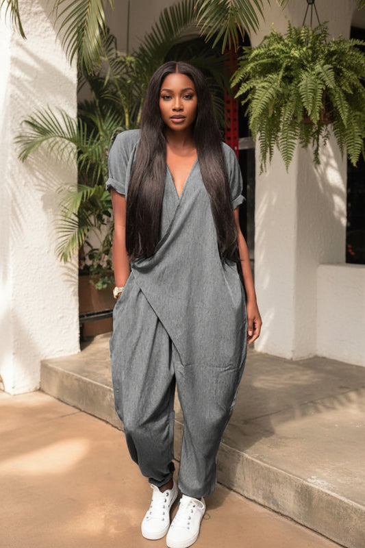 Fashionable Womens Loose V-Neck Jumpsuit