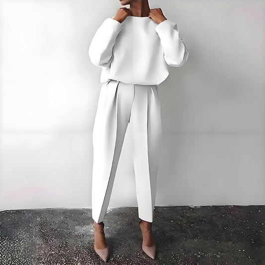 Women's Solid Color 2-Piece Set Round Neck Long Sleeve Top & Pleated Pants Loungewear For Spring & Fall CJ US
