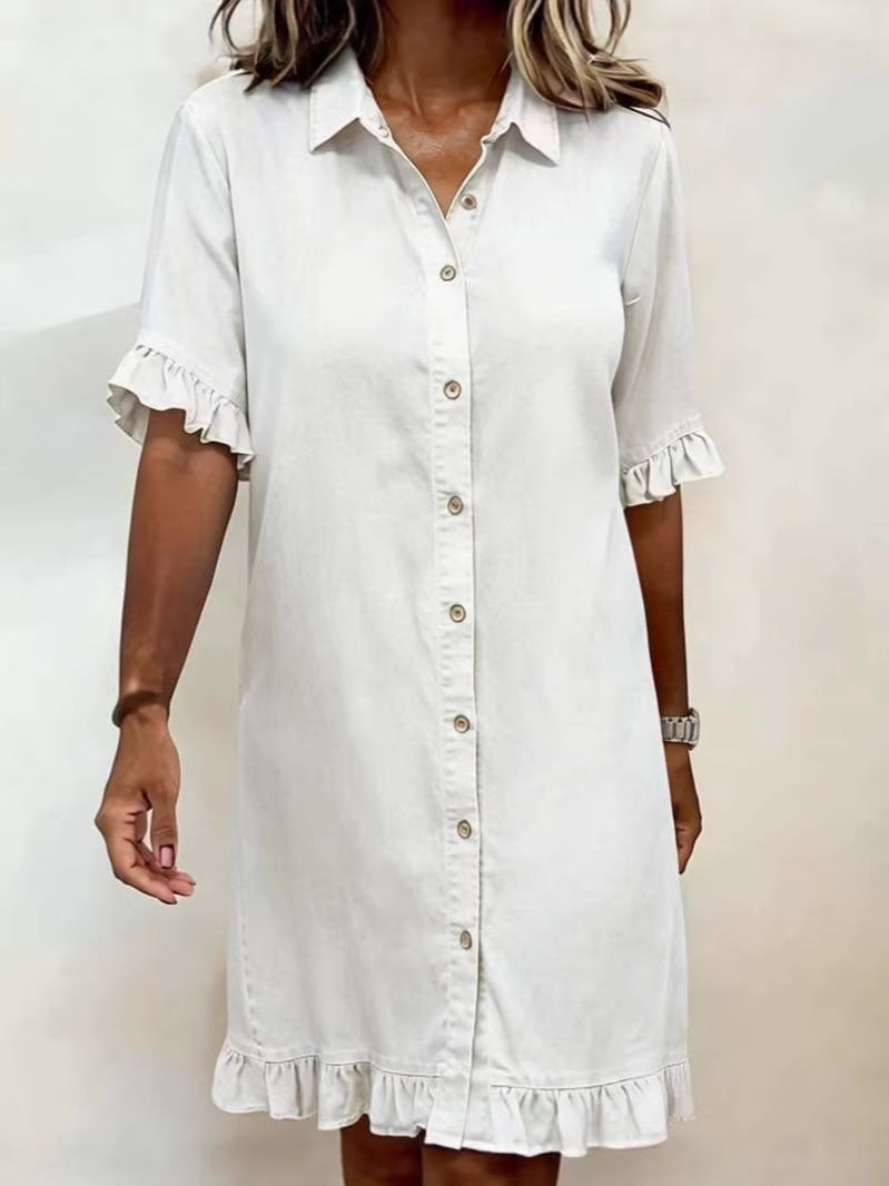 Solid-color Faux Denim Ruffled-edge Shirt Dress