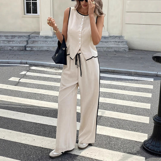 Women's Contrast Color Sleeveless Single-breasted Vest And Drawstring Trousers Suit