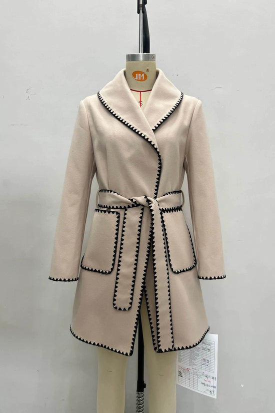 Autumn/Winter New French Elegant Style Notched Lapel Color-blocked Zigzag Edge Wool Coat Fashion Versatile Chic Outerwear 
