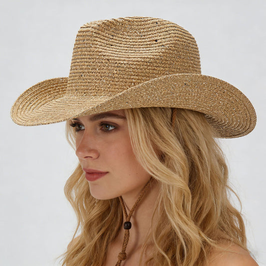 New Womens Panama Straw Weaved Sequin Windproof Sun Hat 