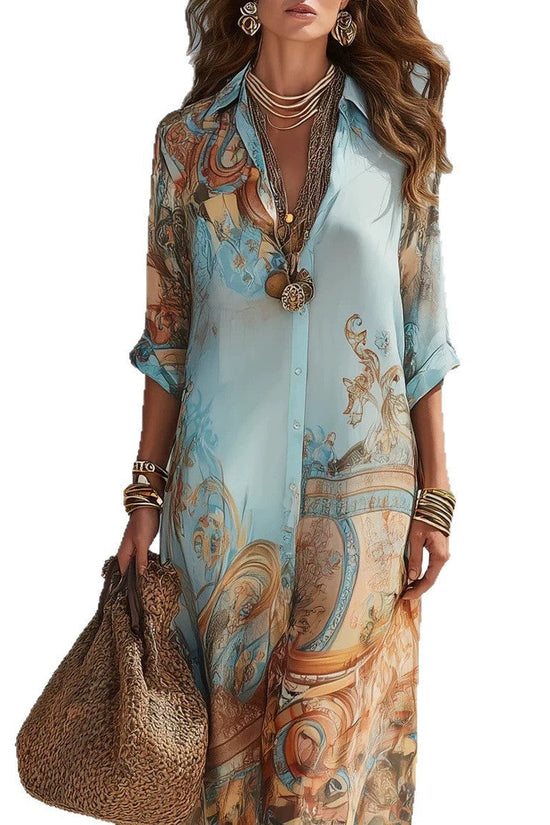 Chiffon Digital Print Fresh Vintage Flowy Women's Dress 