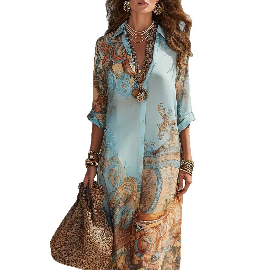 Chiffon Digital Print Fresh Vintage Flowy Women's Dress 