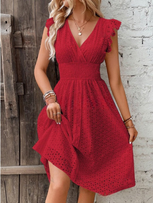 Waisted V-Neck Lace Midi Dress 