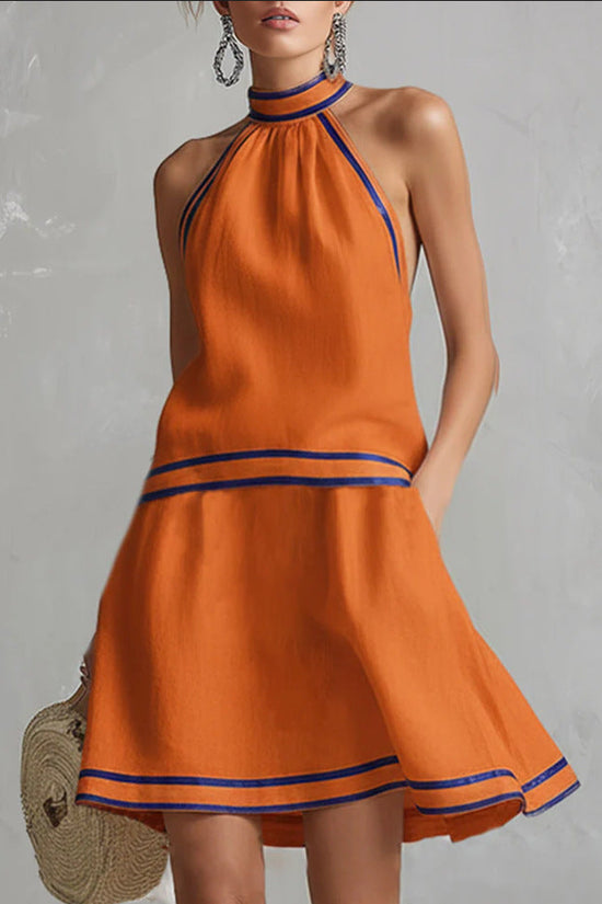 Choker Neck Fashion Short Dress with Striped Trim, Comfortable Sleeveless Fitted Dress 