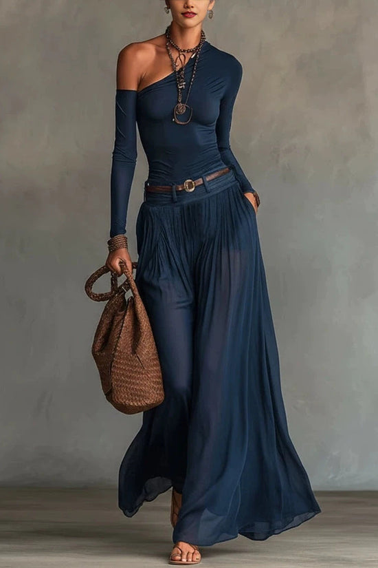 Fashionable Simple Solid Color Asymmetrical Shoulder Long Sleeve Casual Set with Belted Long Dress 